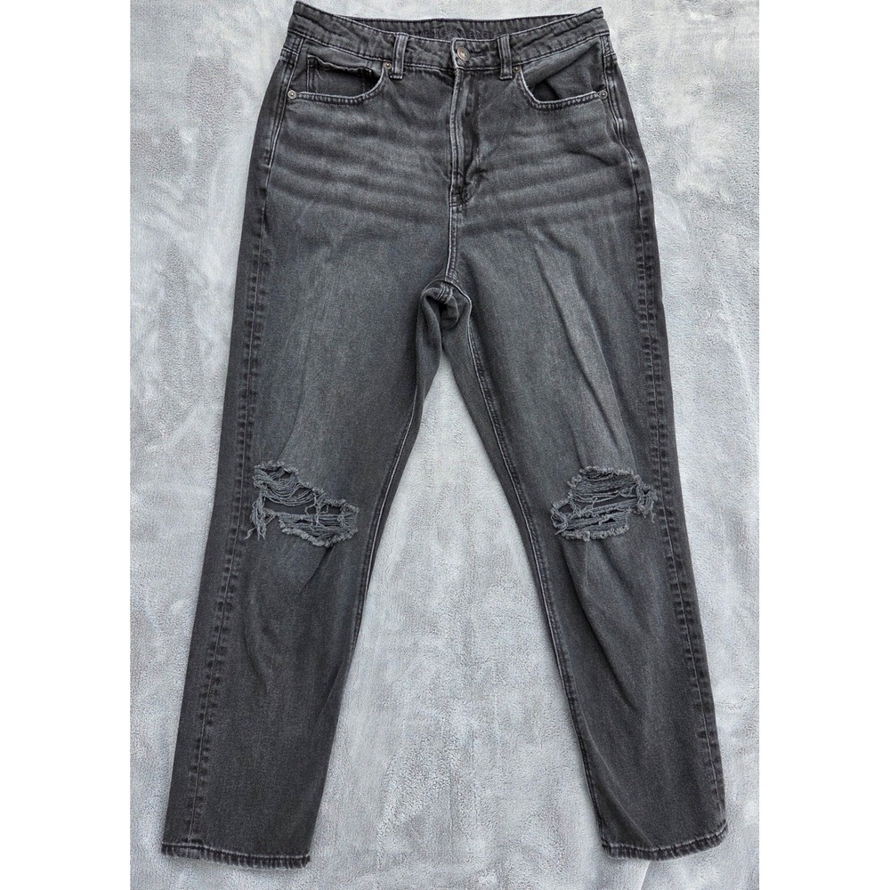 American Eagle Women Highest Rise Mom Jeans 6 Regular Black Distressed Denim